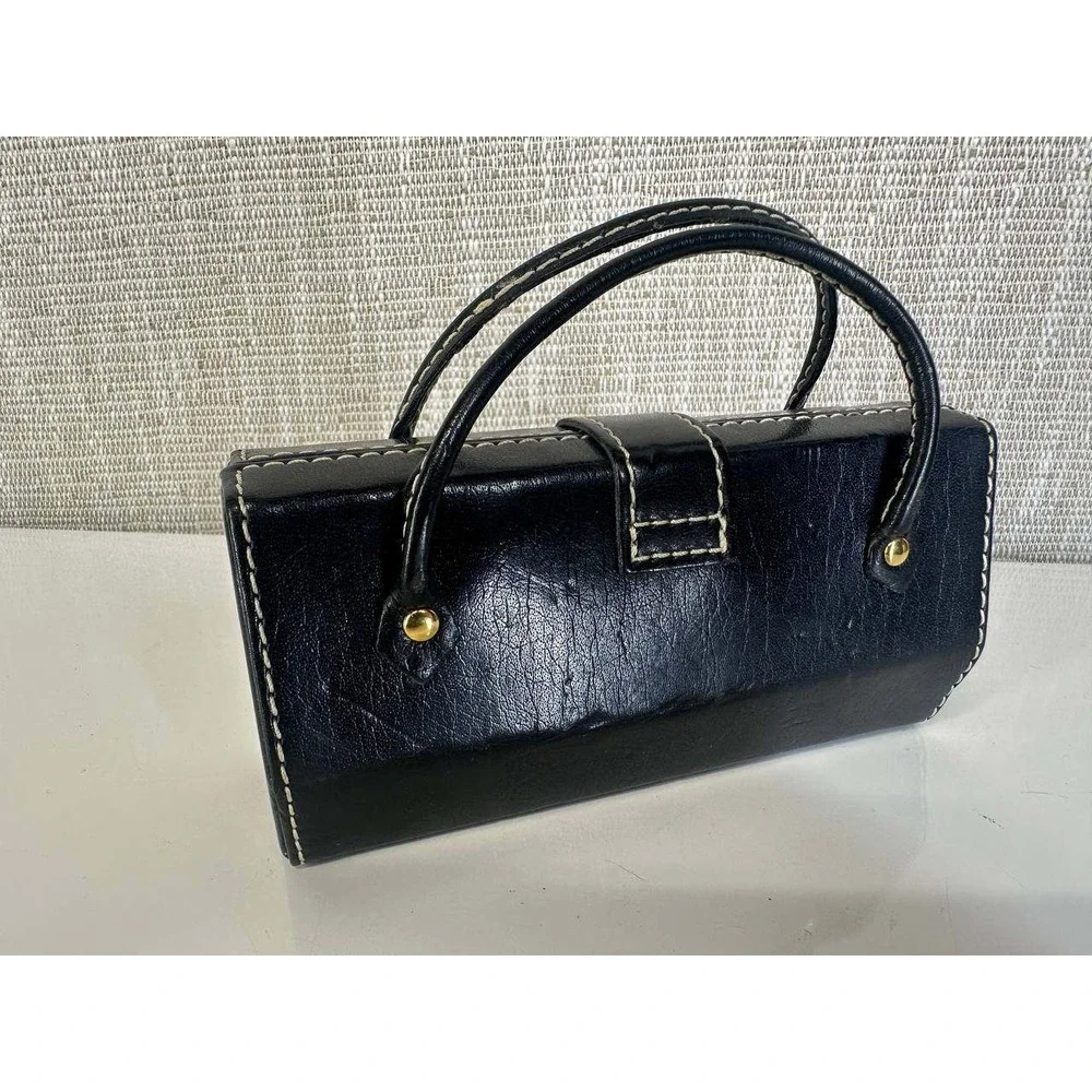 Vintage Black Leather Rigid Box Clutch Bag Gold Hardware - 039-1 (118)